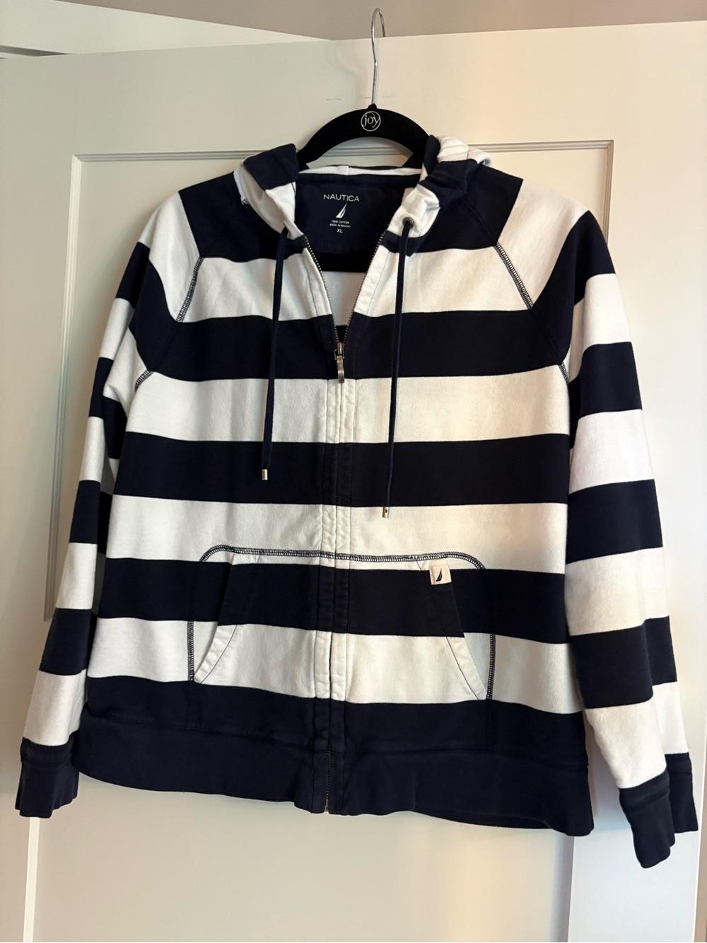 Nautica Striped Navy and White Hooded Zip Jacket